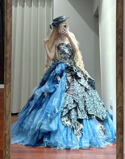 Opulent Blue Floral Strapless Ball Gown Prom Dress With Layered Tulle Skirt & Vintage Details AD863