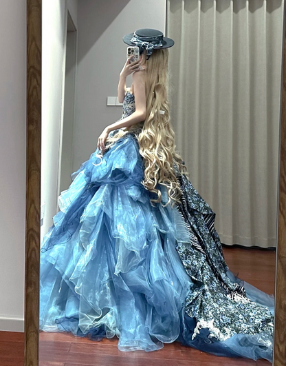 Opulent Blue Floral Strapless Ball Gown Prom Dress With Layered Tulle Skirt & Vintage Details AD863