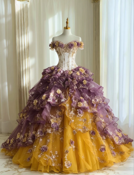 Regal Purple & Yellow Off-The-Shoulder Tiered Tulle Skirt Ball Gown Prom Dress With 3D Floral Applique & Corset Bodice AD864