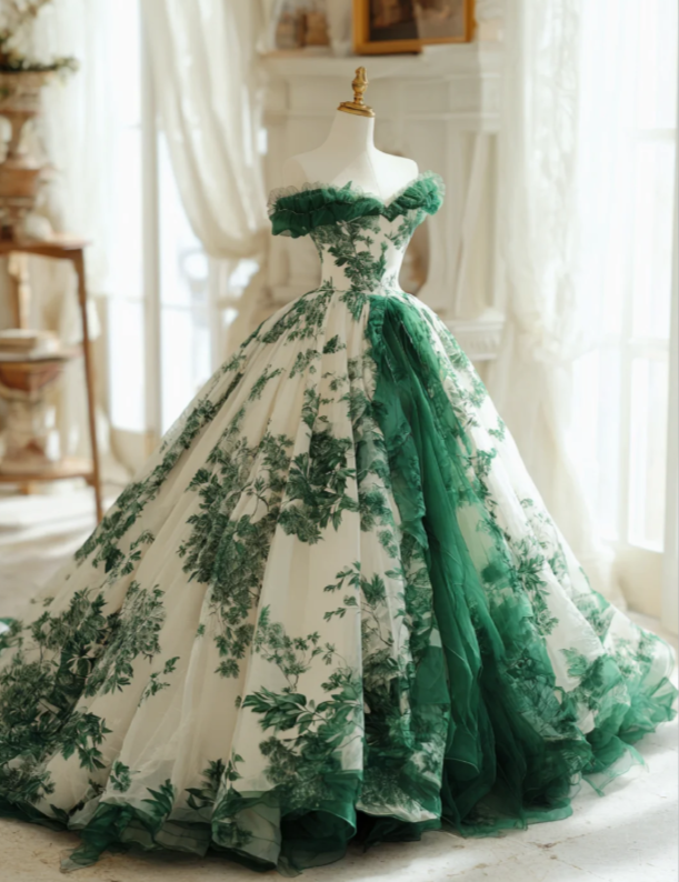 Regal Green Print Off-The-Shoulder Ruffled Ball Gown Prom Dress AD865