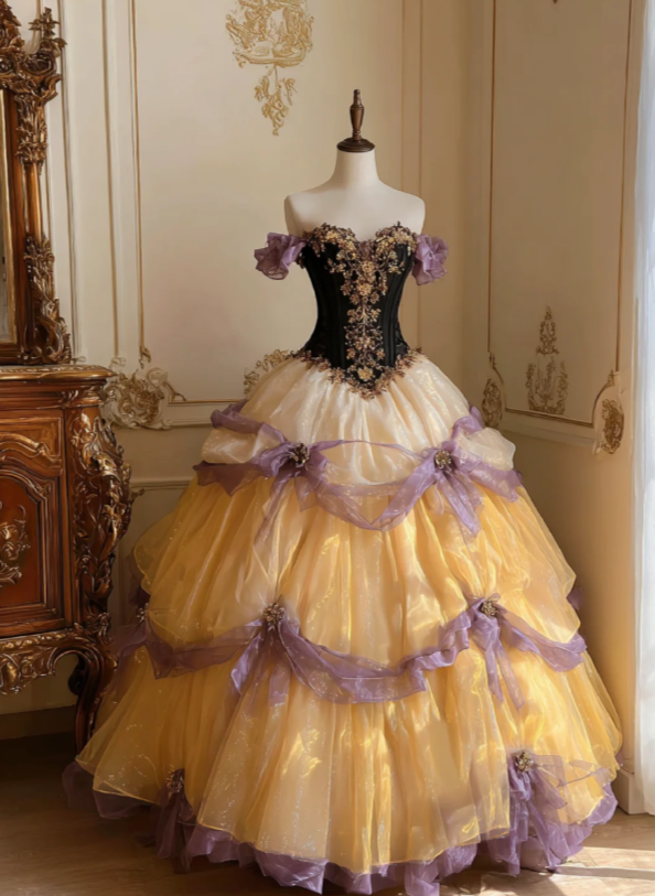 Regal Off-The-Shoulder Corset Bodice Ball Gown With Gold Applique & Purple Ribbon Detail AD866