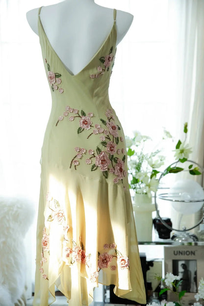 Elegant Yellow Spaghetti Straps Bodycon Floral Applique Prom Dress AD867