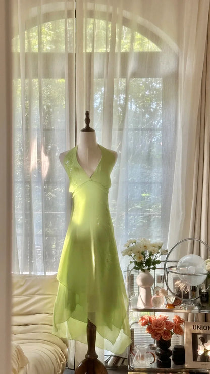 Vibrant Green Halter V‑Neck Sheath Beaded Prom Dress With Asymmetric Ruffle Hem AD869