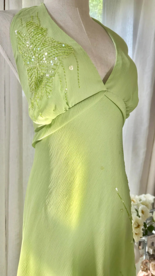 Vibrant Green Halter V‑Neck Sheath Beaded Prom Dress With Asymmetric Ruffle Hem AD869