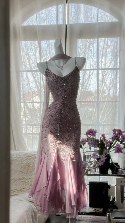 Luminous Dusty Pink Spaghetti Straps Beaded Mermaid Prom Dress With Flowy Ruffle Hem AD870