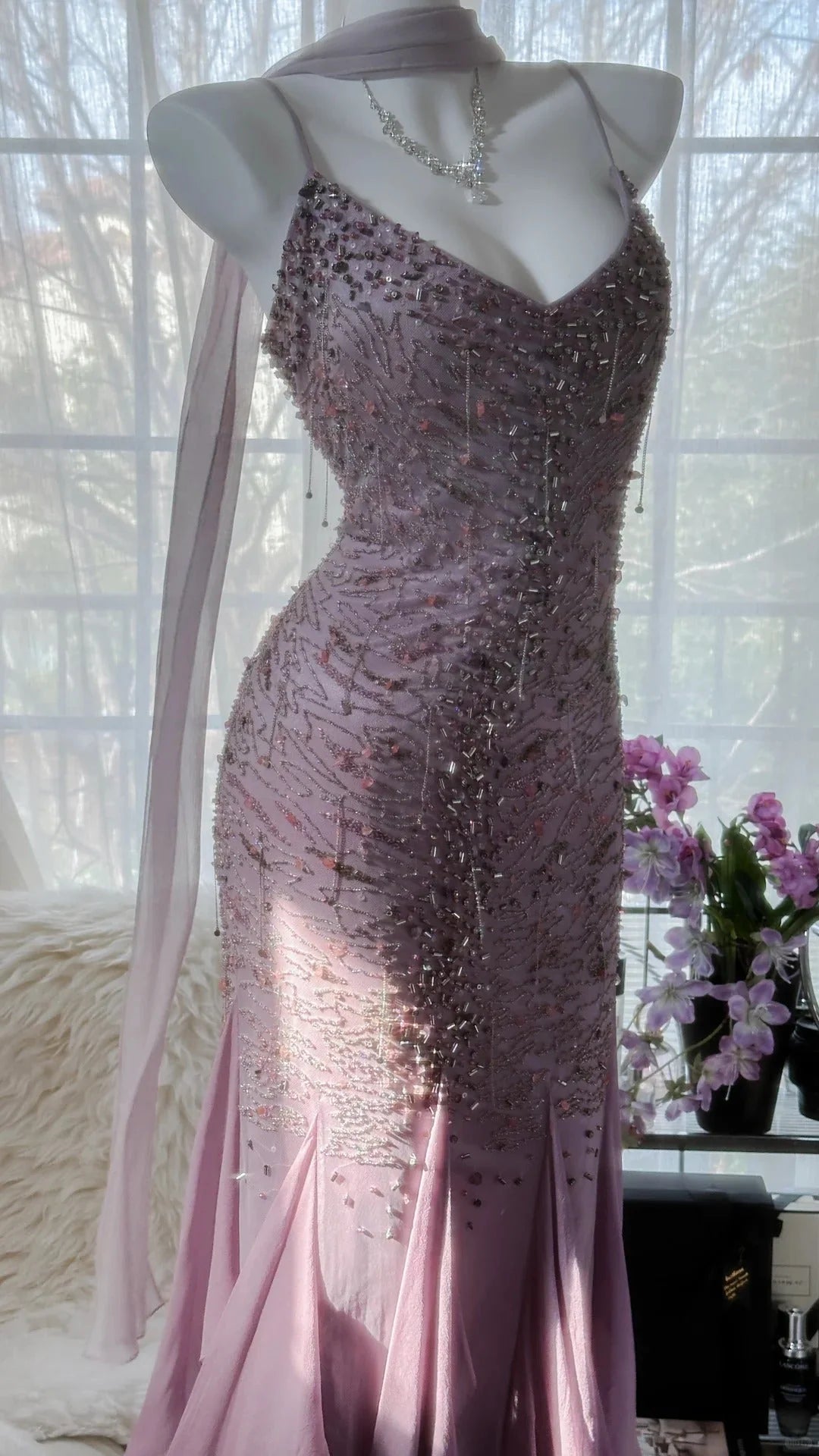 Luminous Dusty Pink Spaghetti Straps Beaded Mermaid Prom Dress With Flowy Ruffle Hem AD870