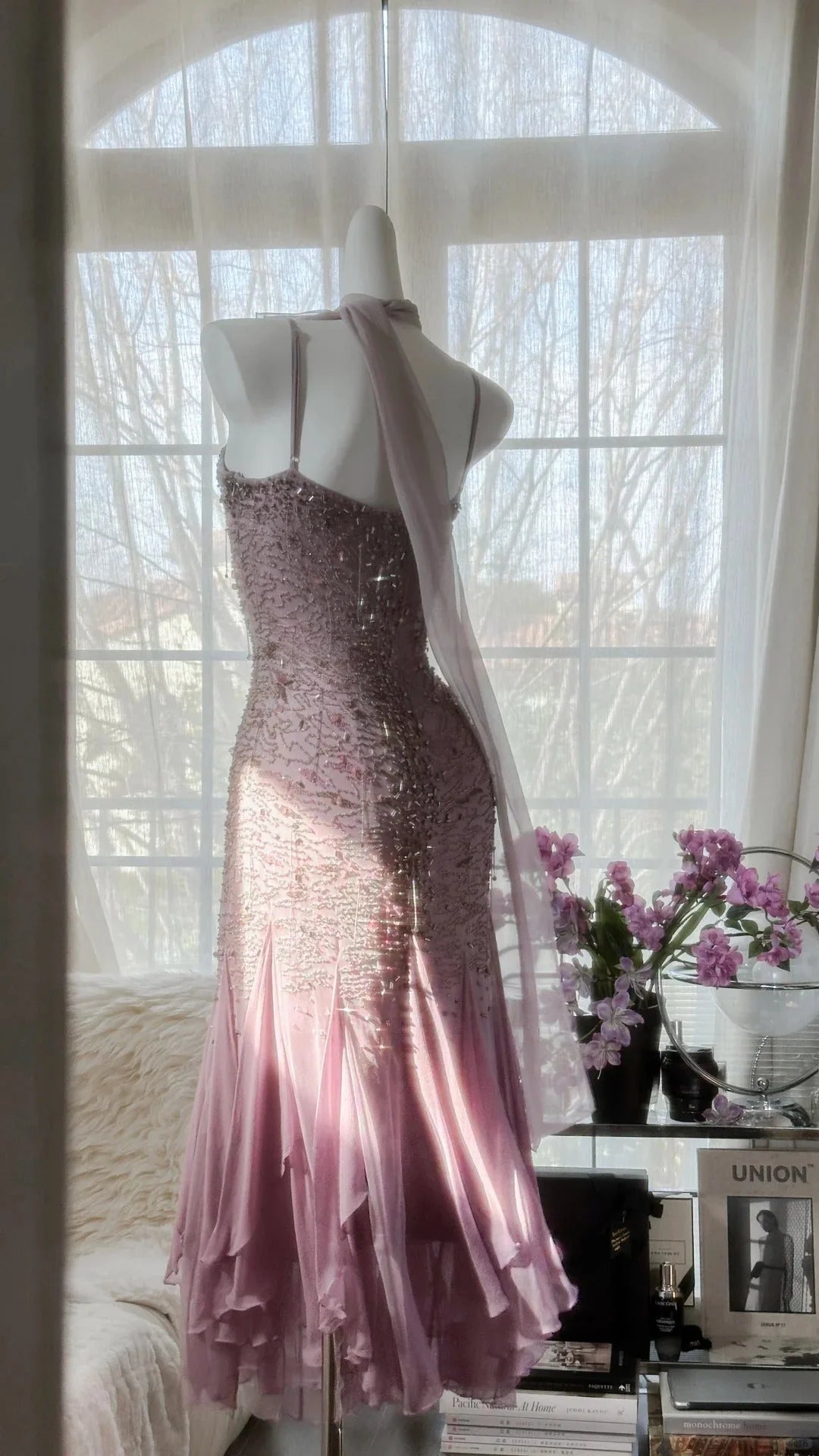 Luminous Dusty Pink Spaghetti Straps Beaded Mermaid Prom Dress With Flowy Ruffle Hem AD870