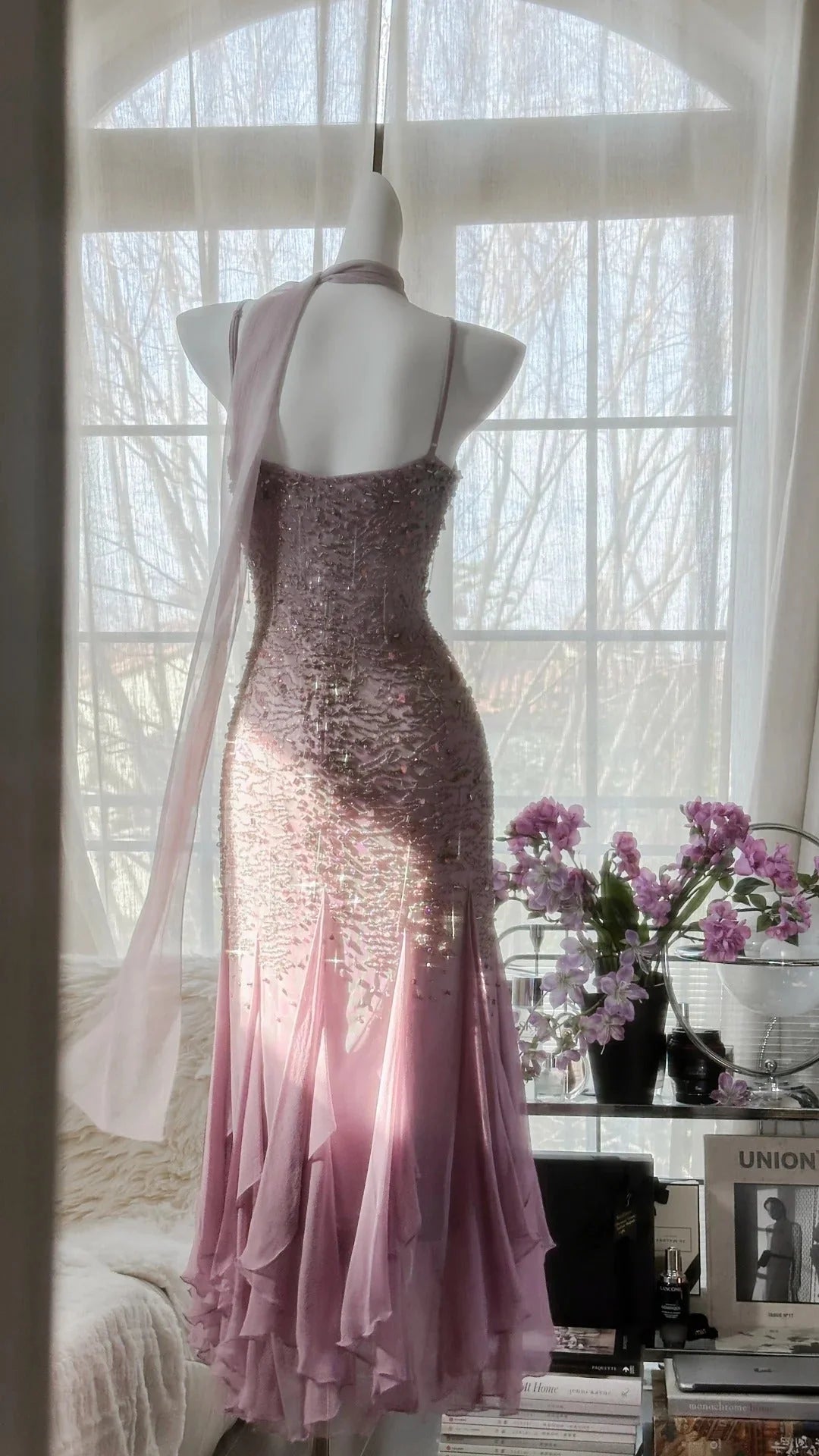 Luminous Dusty Pink Spaghetti Straps Beaded Mermaid Prom Dress With Flowy Ruffle Hem AD870