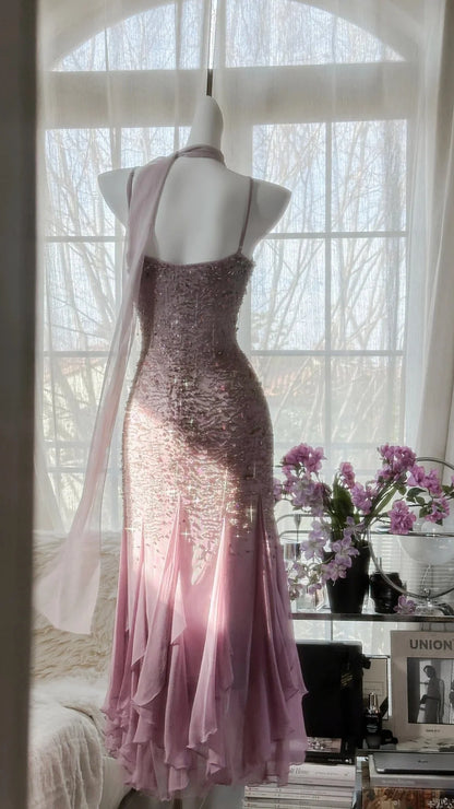 Luminous Dusty Pink Spaghetti Straps Beaded Mermaid Prom Dress With Flowy Ruffle Hem AD870