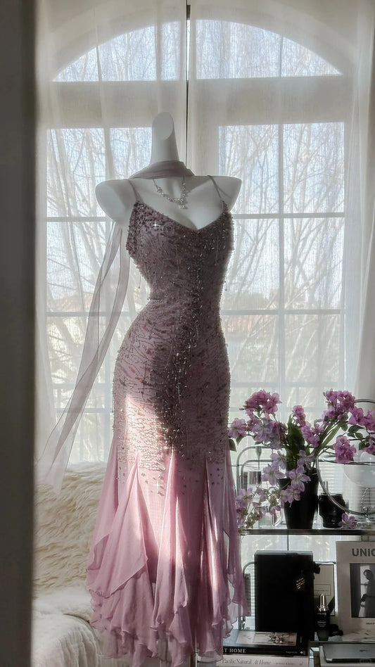 Luminous Dusty Pink Spaghetti Straps Beaded Mermaid Prom Dress With Flowy Ruffle Hem AD870