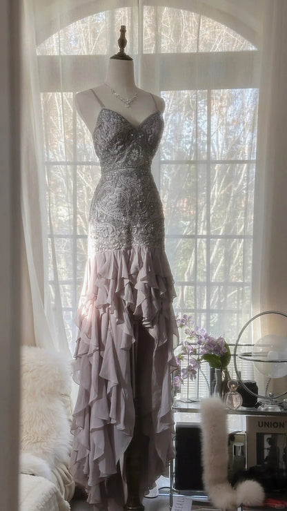 Elegant Lavender Grey Spaghetti Straps Mermaid Prom Dress With Beaded Applique & High‑Slit Ruffle Hem AD871