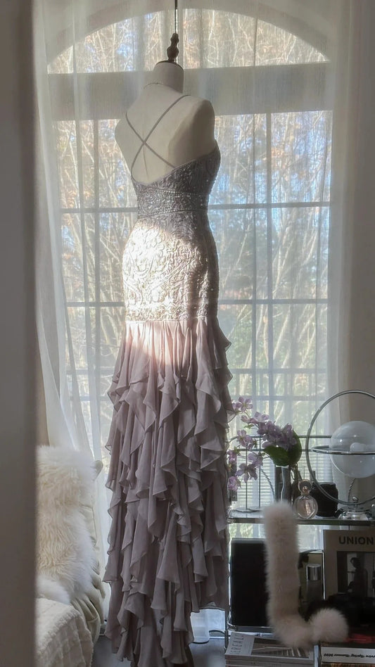 Elegant Lavender Grey Spaghetti Straps Mermaid Prom Dress With Beaded Applique & High‑Slit Ruffle Hem AD871