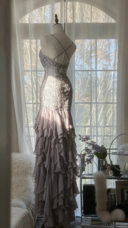 Elegant Lavender Grey Spaghetti Straps Mermaid Prom Dress With Beaded Applique & High‑Slit Ruffle Hem AD871