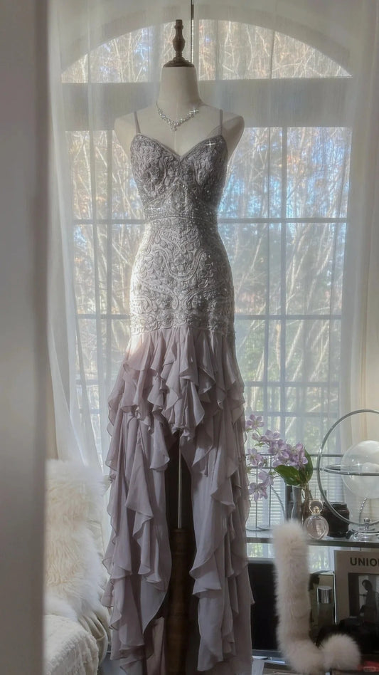 Elegant Lavender Grey Spaghetti Straps Mermaid Prom Dress With Beaded Applique & High‑Slit Ruffle Hem AD871
