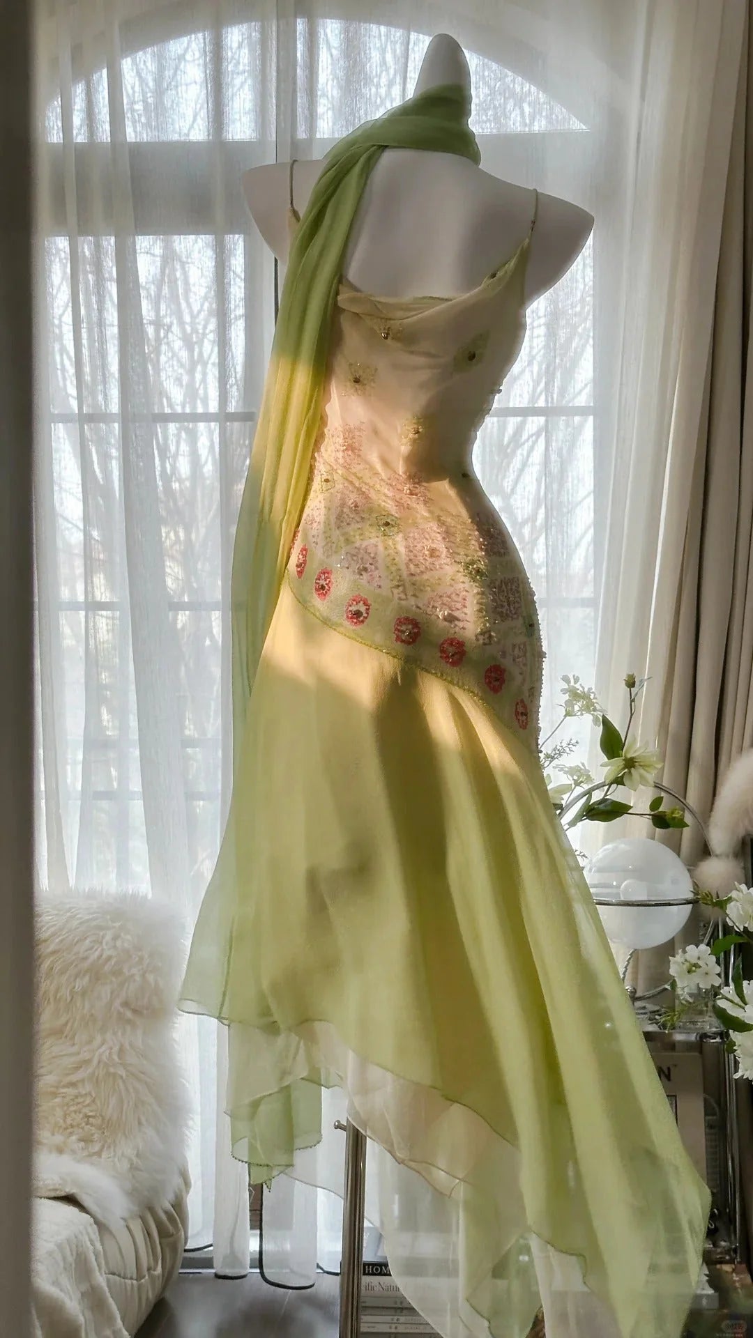 Fresh Light Green Spaghetti Straps Cowl Neck Beaded Chiffon Mermaid Prom Dress AD872