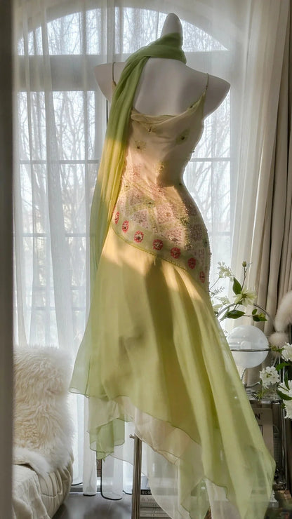 Fresh Light Green Spaghetti Straps Cowl Neck Beaded Chiffon Mermaid Prom Dress AD872