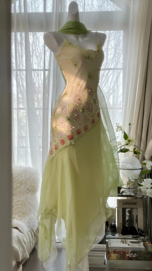 Fresh Light Green Spaghetti Straps Cowl Neck Beaded Chiffon Mermaid Prom Dress AD872