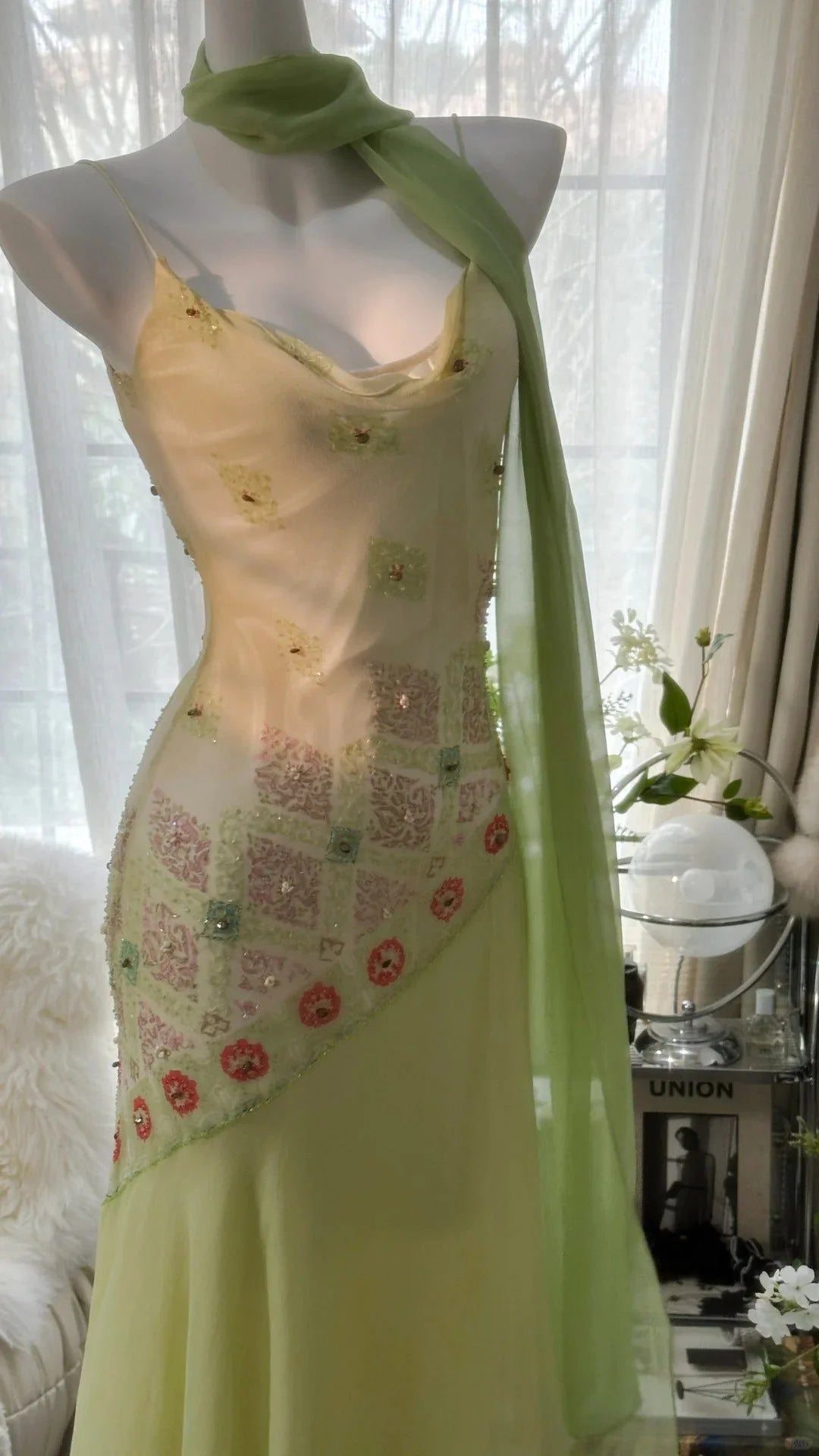 Fresh Light Green Spaghetti Straps Cowl Neck Beaded Chiffon Mermaid Prom Dress AD872