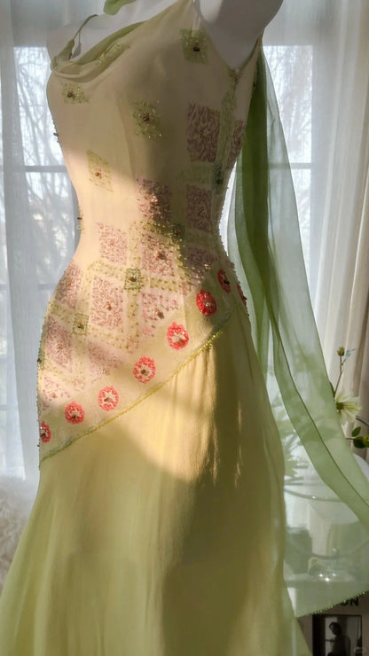 Fresh Light Green Spaghetti Straps Cowl Neck Beaded Chiffon Mermaid Prom Dress AD872