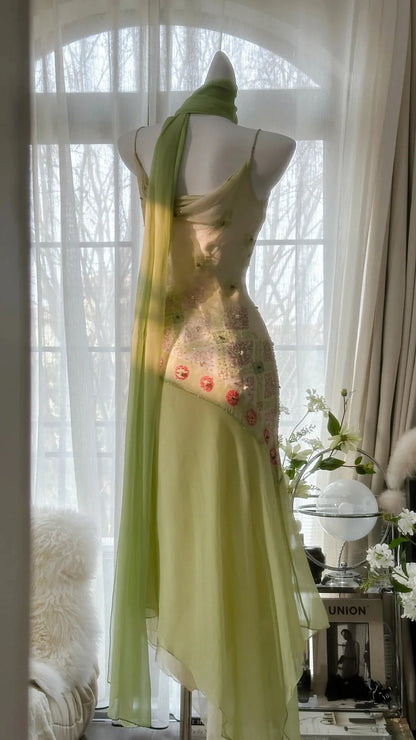 Fresh Light Green Spaghetti Straps Cowl Neck Beaded Chiffon Mermaid Prom Dress AD872