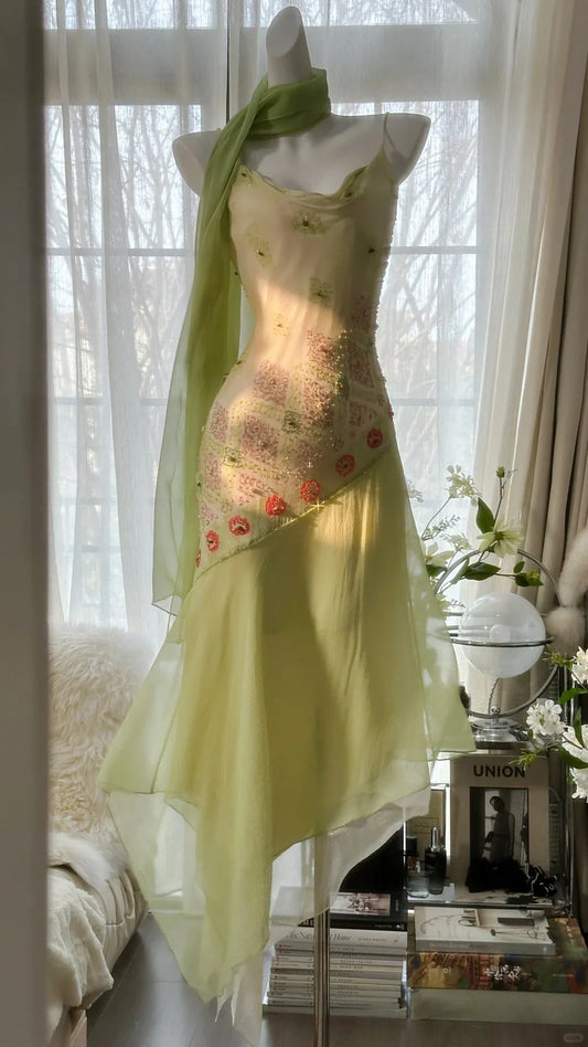 Fresh Light Green Spaghetti Straps Cowl Neck Beaded Chiffon Mermaid Prom Dress AD872