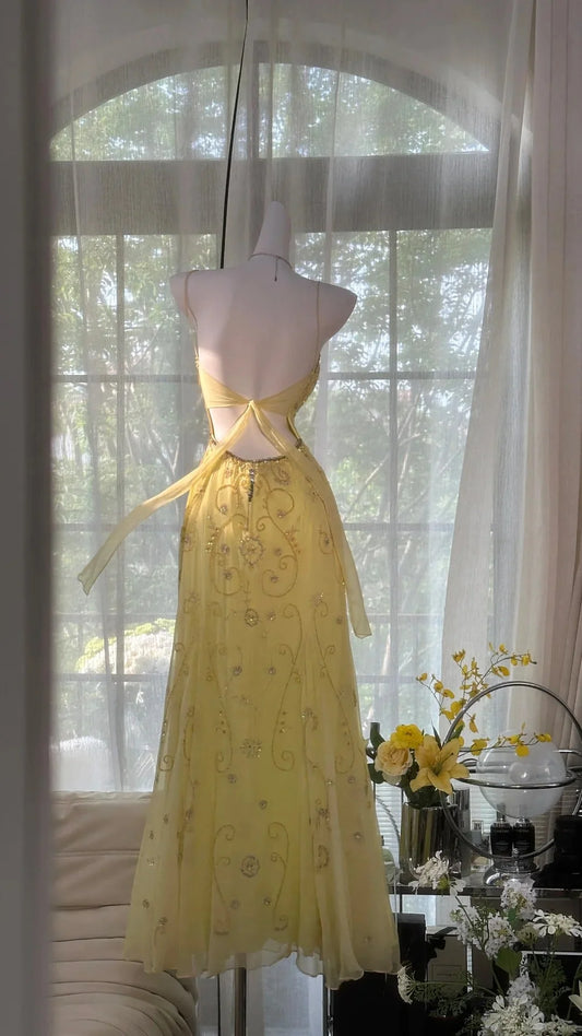 Gorgeous Butter Yellow Spaghetti Straps Beaded Mermaid Backless Prom Dress AD874