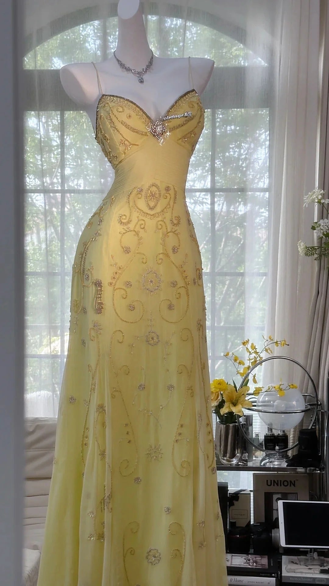 Gorgeous Butter Yellow Spaghetti Straps Beaded Mermaid Backless Prom Dress AD874