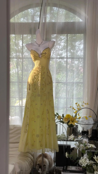 Gorgeous Butter Yellow Spaghetti Straps Beaded Mermaid Backless Prom Dress AD874