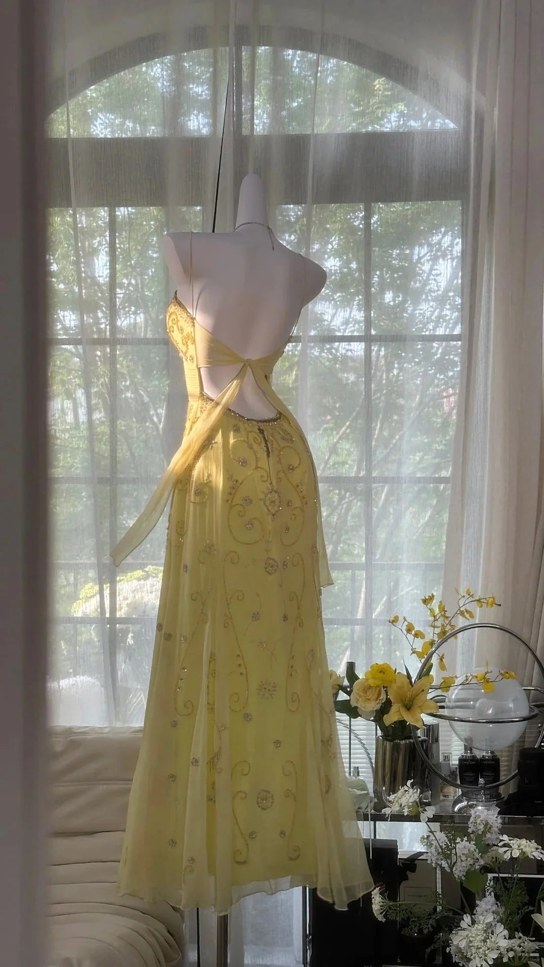 Gorgeous Butter Yellow Spaghetti Straps Beaded Mermaid Backless Prom Dress AD874