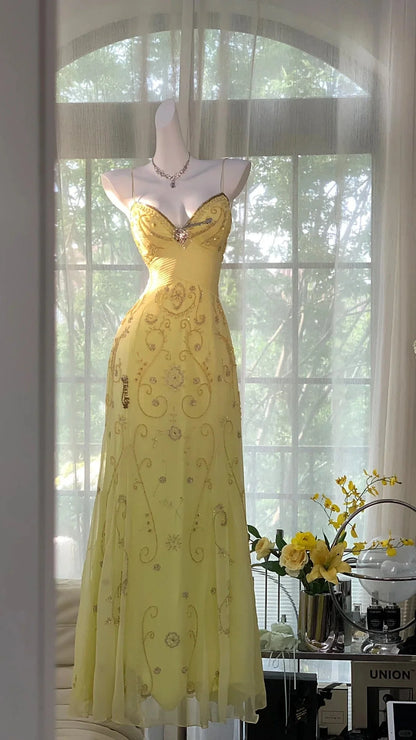 Gorgeous Butter Yellow Spaghetti Straps Beaded Mermaid Backless Prom Dress AD874