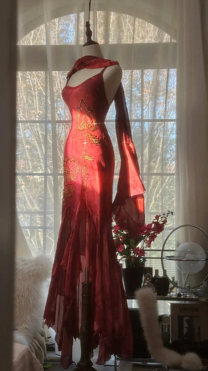 Opulent Burgundy Spaghetti Straps Gold Beaded Chiffon Mermaid Prom Dress AD875