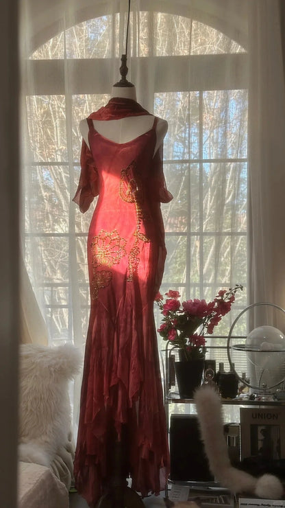 Opulent Burgundy Spaghetti Straps Gold Beaded Chiffon Mermaid Prom Dress AD875