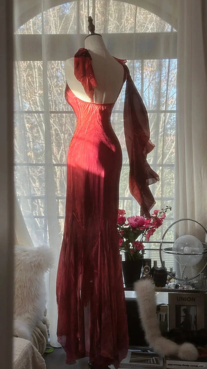 Opulent Burgundy Spaghetti Straps Gold Beaded Chiffon Mermaid Prom Dress AD875