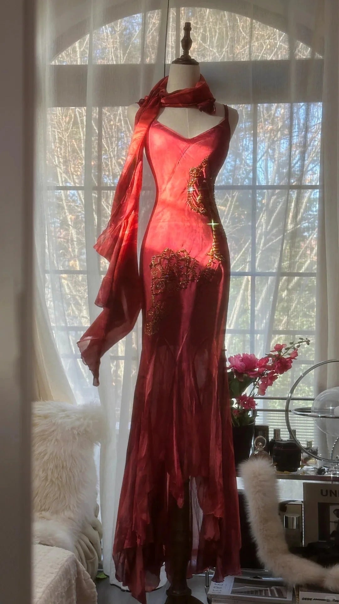 Opulent Burgundy Spaghetti Straps Gold Beaded Chiffon Mermaid Prom Dress AD875