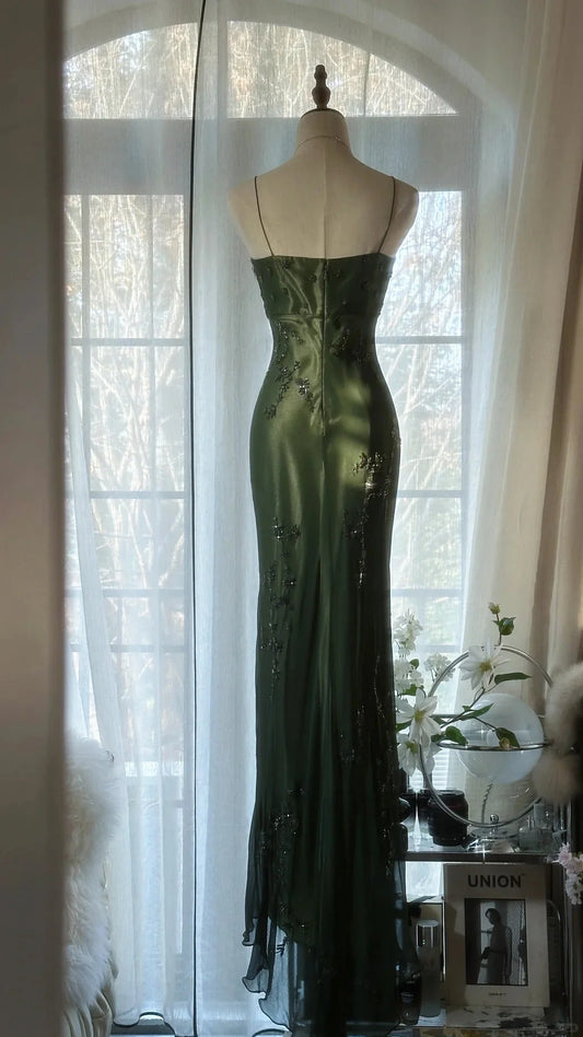 Elegant Emerald Green Sweetheart Silver Beaded Mermaid Prom Dress AD876