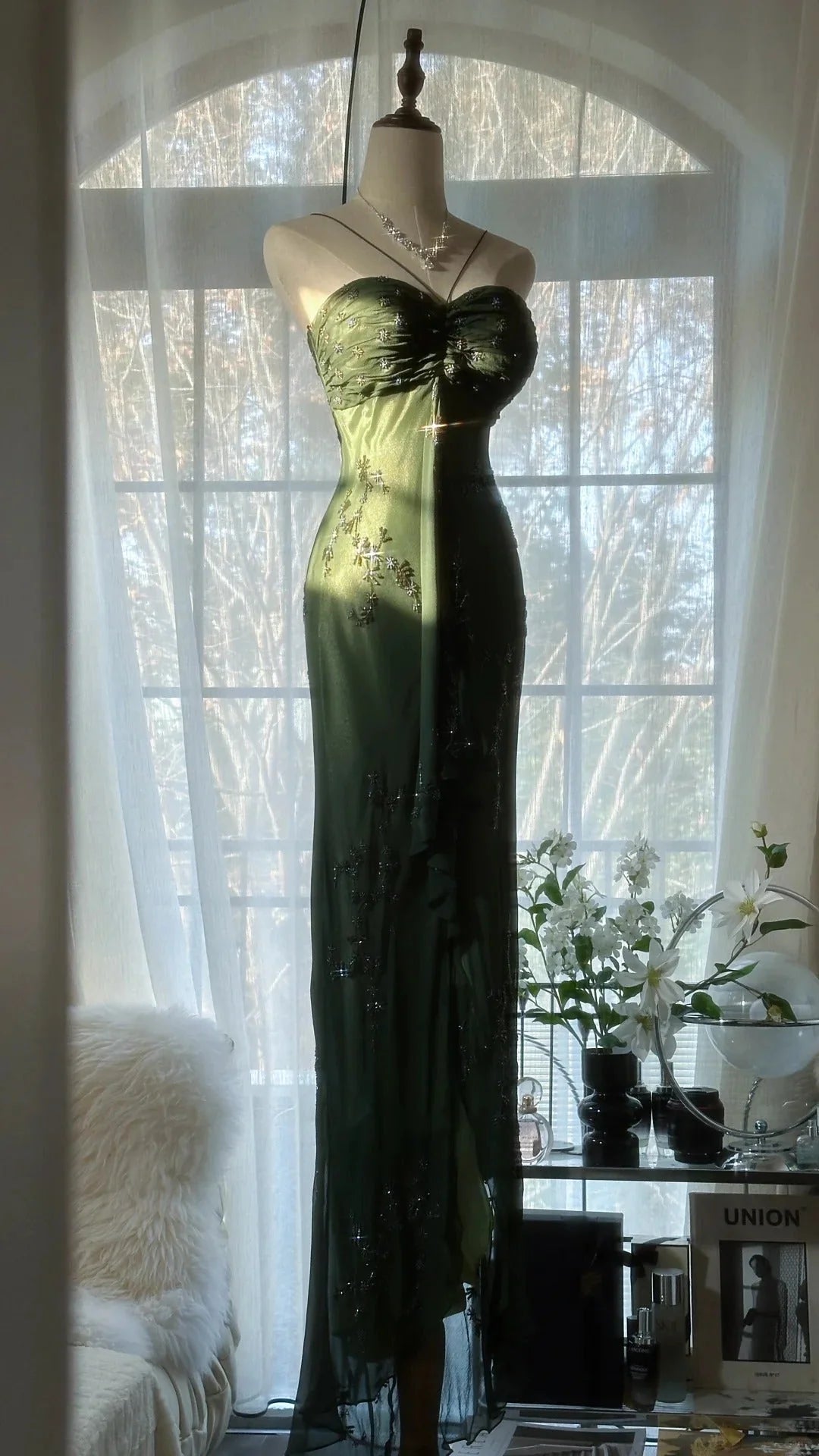 Elegant Emerald Green Sweetheart Silver Beaded Mermaid Prom Dress AD876