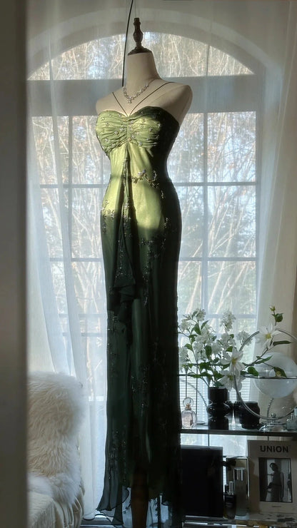 Elegant Emerald Green Sweetheart Silver Beaded Mermaid Prom Dress AD876