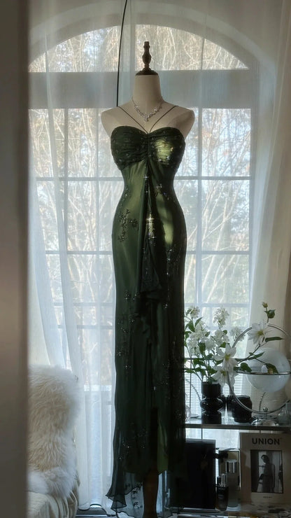Elegant Emerald Green Sweetheart Silver Beaded Mermaid Prom Dress AD876