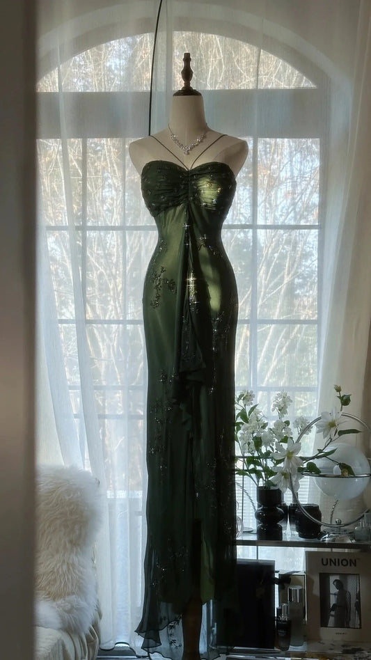 Elegant Emerald Green Sweetheart Silver Beaded Mermaid Prom Dress AD876