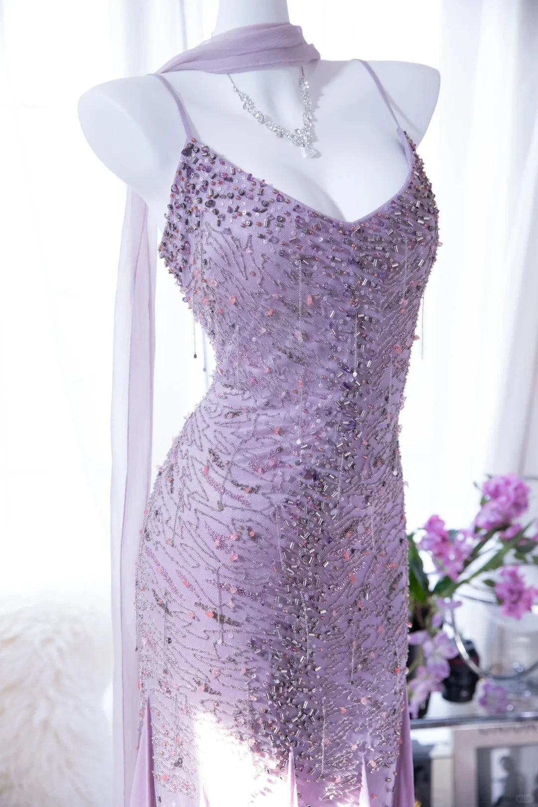 Dreamy Lavender Spaghetti Straps Beaded Mermaid Prom Dress AD877
