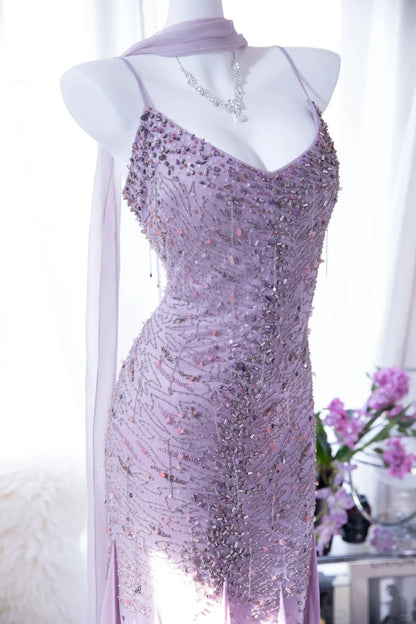 Dreamy Lavender Spaghetti Straps Beaded Mermaid Prom Dress AD877