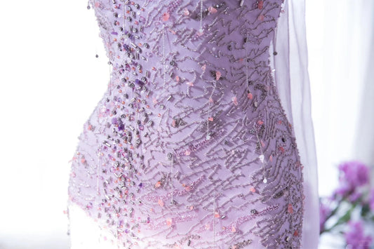 Dreamy Lavender Spaghetti Straps Beaded Mermaid Prom Dress AD877