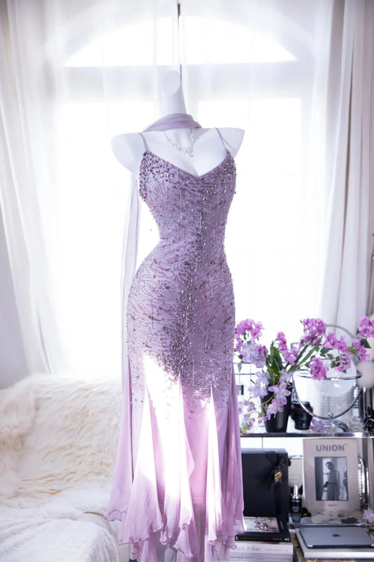Dreamy Lavender Spaghetti Straps Beaded Mermaid Prom Dress AD877