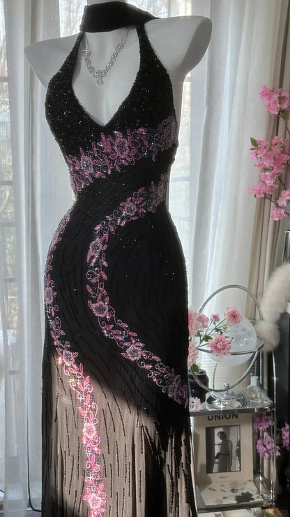 Vintage Black Halter V Neck Pink Floral Beading Long Chiffon Mermaid Prom Dress AD879