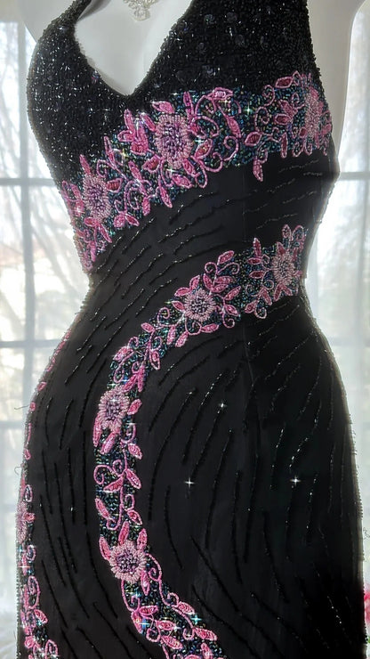 Vintage Black Halter V Neck Pink Floral Beading Long Chiffon Mermaid Prom Dress AD879