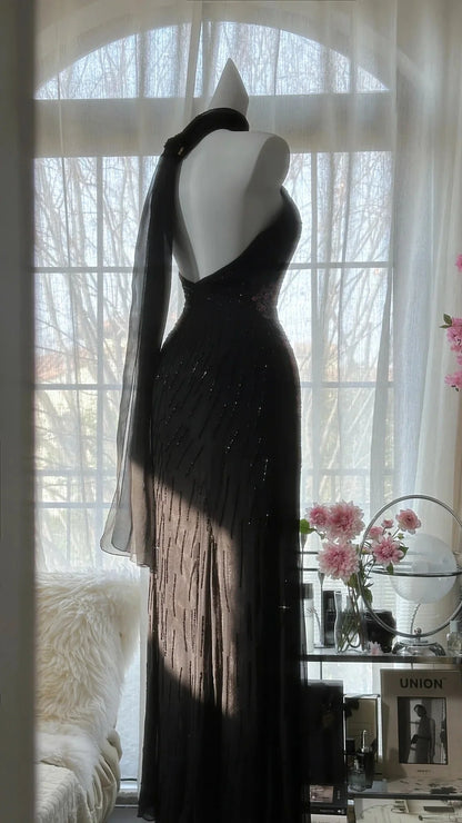 Vintage Black Halter V Neck Pink Floral Beading Long Chiffon Mermaid Prom Dress AD879