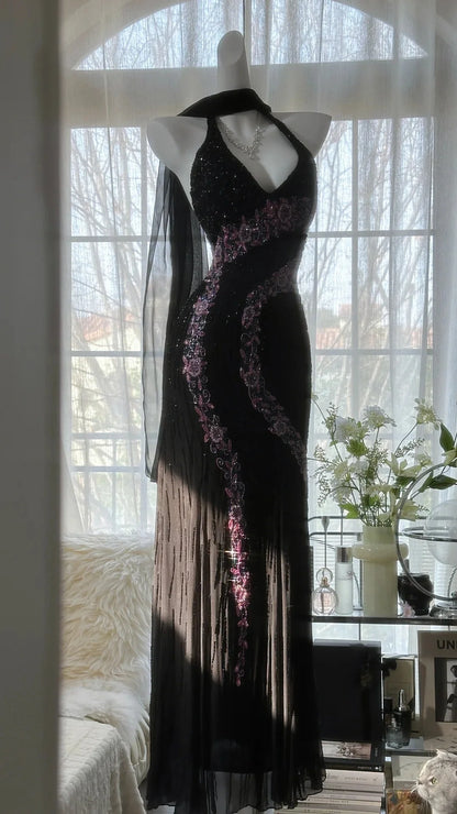 Vintage Black Halter V Neck Pink Floral Beading Long Chiffon Mermaid Prom Dress AD879