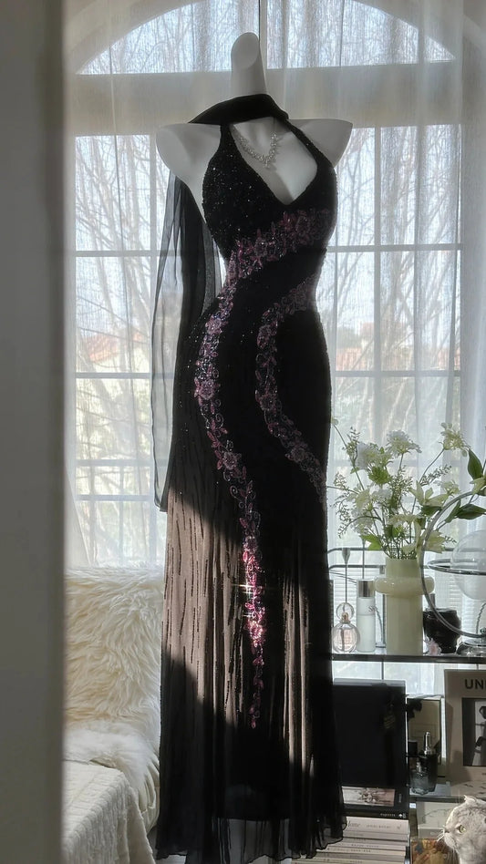 Vintage Black Halter V Neck Pink Floral Beading Long Chiffon Mermaid Prom Dress AD879