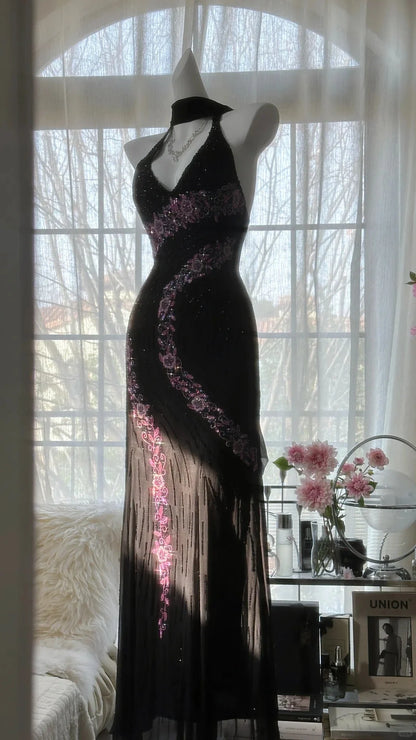 Vintage Black Halter V Neck Pink Floral Beading Long Chiffon Mermaid Prom Dress AD879