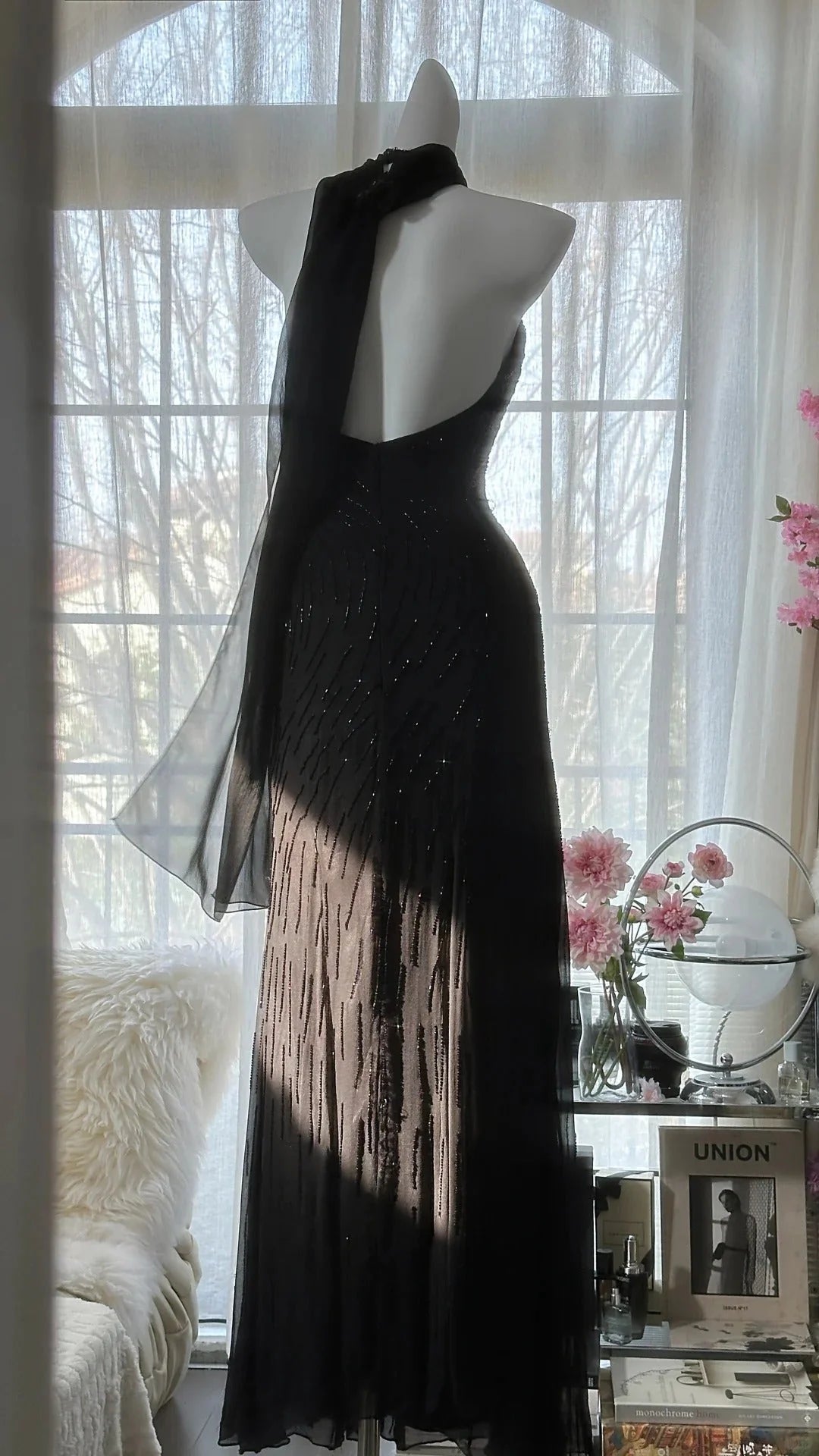 Vintage Black Halter V Neck Pink Floral Beading Long Chiffon Mermaid Prom Dress AD879